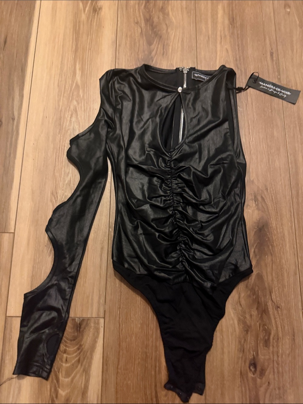 Maniere De Voir Black One-Shoulder Ruched Faux Leather Bodysuit